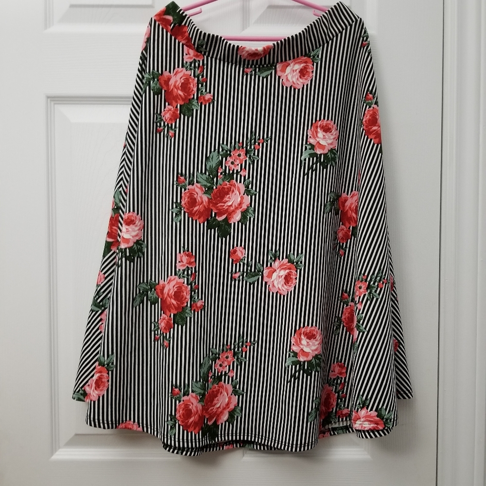 Floral striped midi high waist skirt